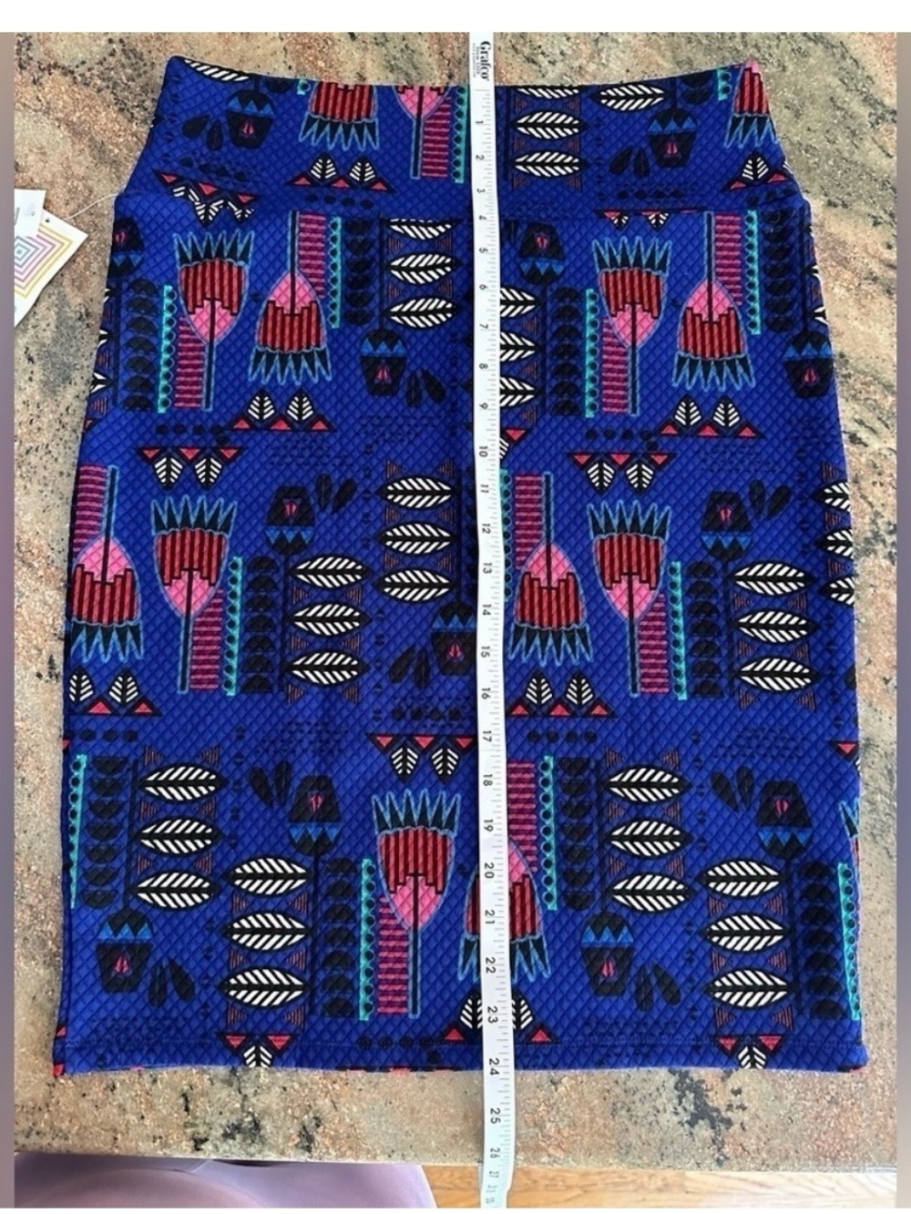 LuLaRoe Royal Blue Geometric Pencil Skirt with Pink & Teal Accents - Picture 2 of 4